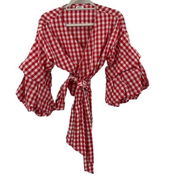 Roma Rosa red white gingham wrap cropped puff sleeves - Picture 1 of 6